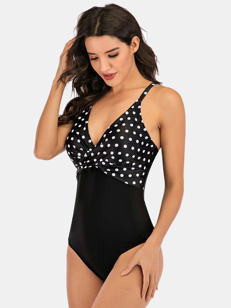 Plus Size Dame Polka Dot Print Splice Skinny Fit One Piece Badetøj