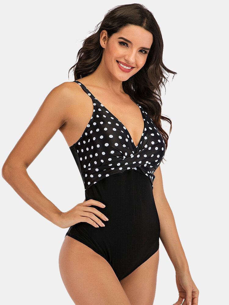 Plus Size Dame Polka Dot Print Splice Skinny Fit One Piece Badetøj