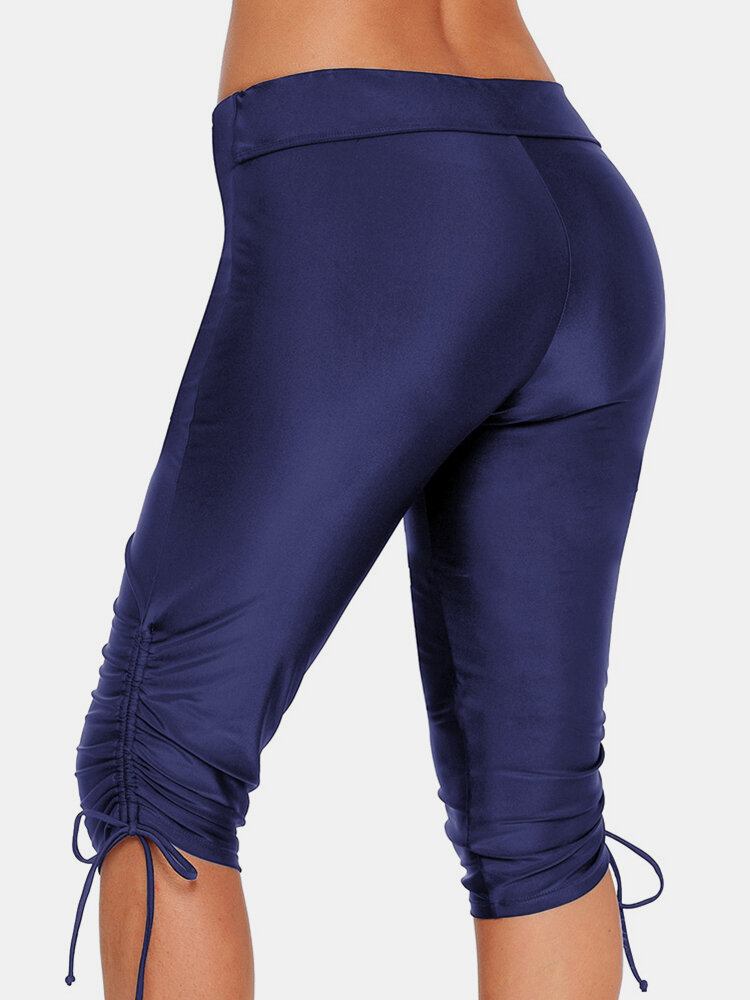 Plus Size Kvinder Ensfarvet Side Snøre Mid Waist Sports Svømmeshorts