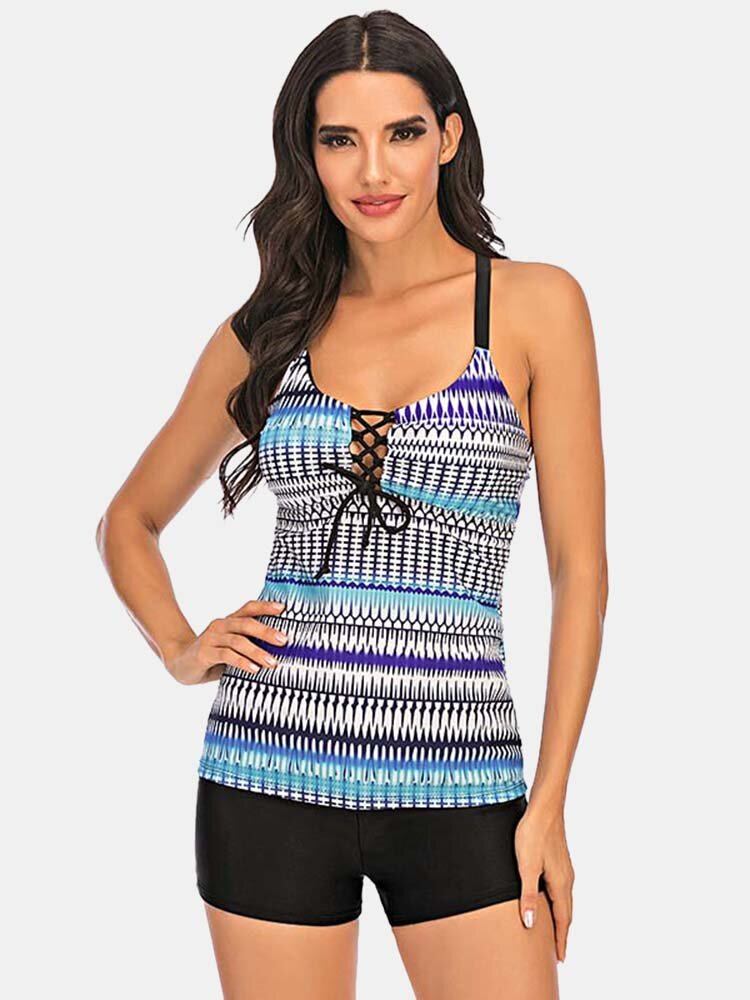 Plus Size Kvinder Etnisk Print Front Bandage Cross-cross Tankini Cover Belly Beachwear