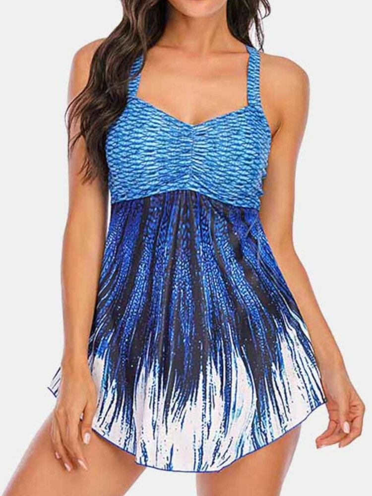 Plus Size Kvinder Ombre Wave Print Rygløst Cover Belly Swimdress Beachwear