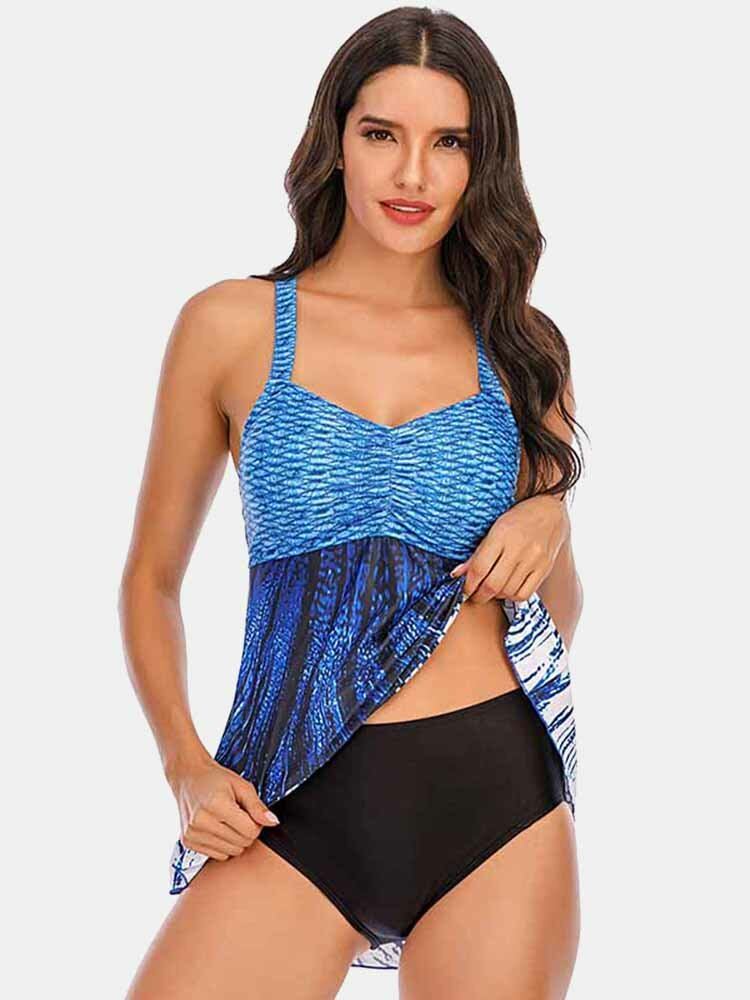 Plus Size Kvinder Ombre Wave Print Rygløst Cover Belly Swimdress Beachwear