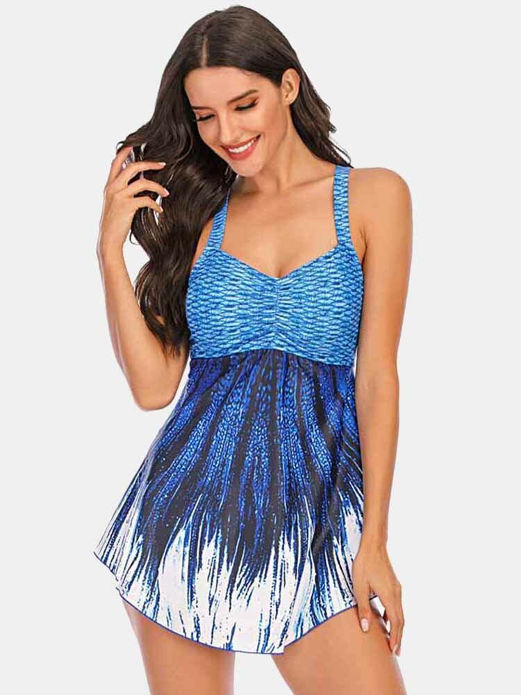 Plus Size Kvinder Ombre Wave Print Rygløst Cover Belly Swimdress Beachwear