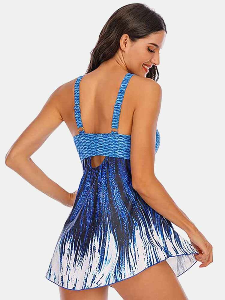 Plus Size Kvinder Ombre Wave Print Rygløst Cover Belly Swimdress Beachwear