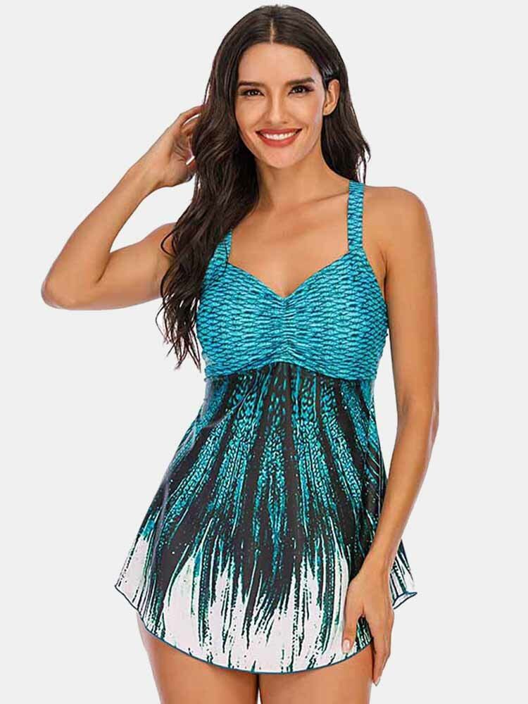 Plus Size Kvinder Ombre Wave Print Rygløst Cover Belly Swimdress Beachwear