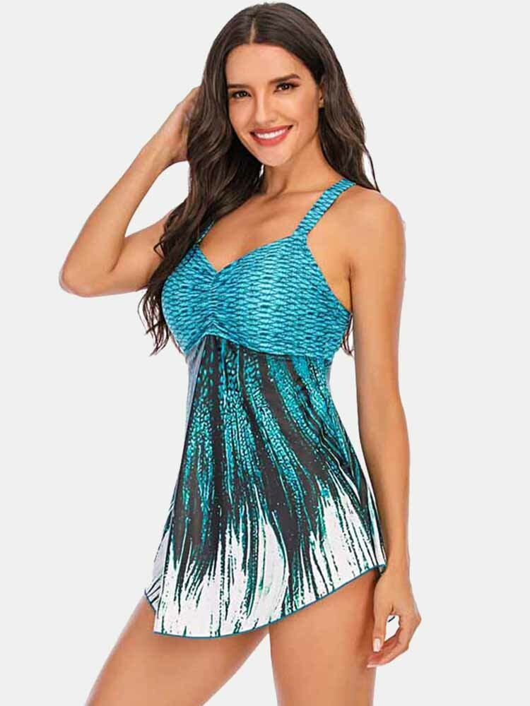 Plus Size Kvinder Ombre Wave Print Rygløst Cover Belly Swimdress Beachwear