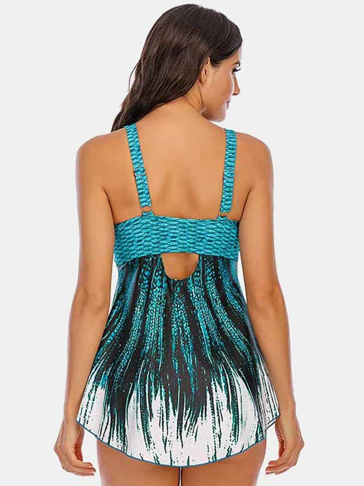 Plus Size Kvinder Ombre Wave Print Rygløst Cover Belly Swimdress Beachwear