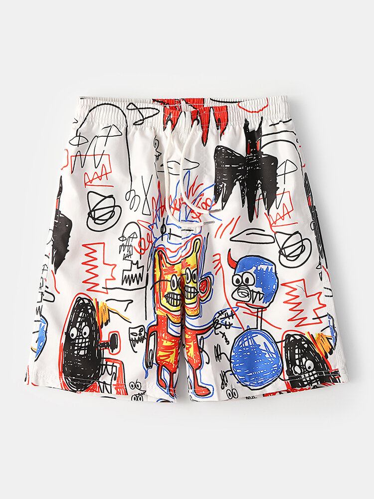 Sjove Graffiti-print Til Mænd Hurtigtørrende Mesh-forlomme Afslappede Løse Boardshorts