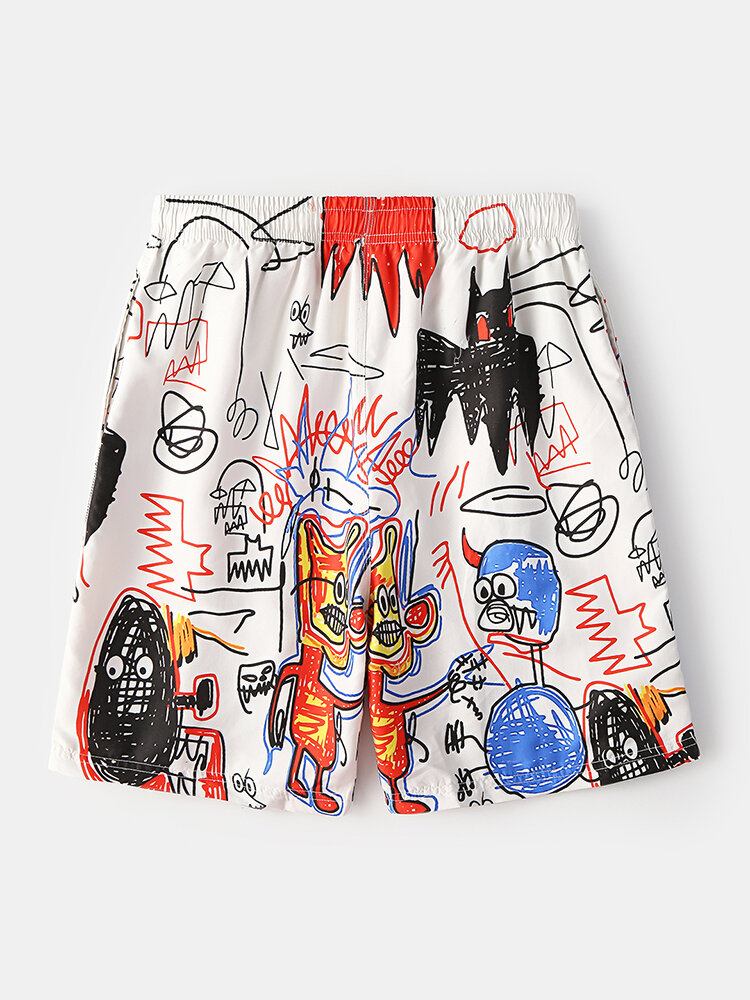 Sjove Graffiti-print Til Mænd Hurtigtørrende Mesh-forlomme Afslappede Løse Boardshorts