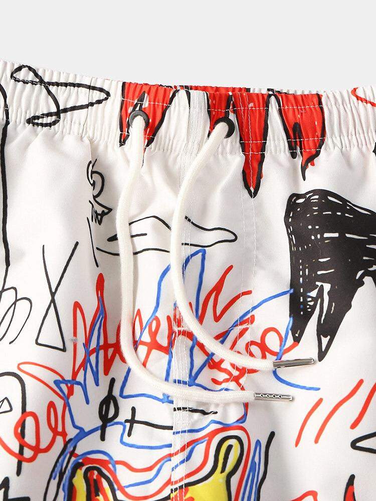 Sjove Graffiti-print Til Mænd Hurtigtørrende Mesh-forlomme Afslappede Løse Boardshorts