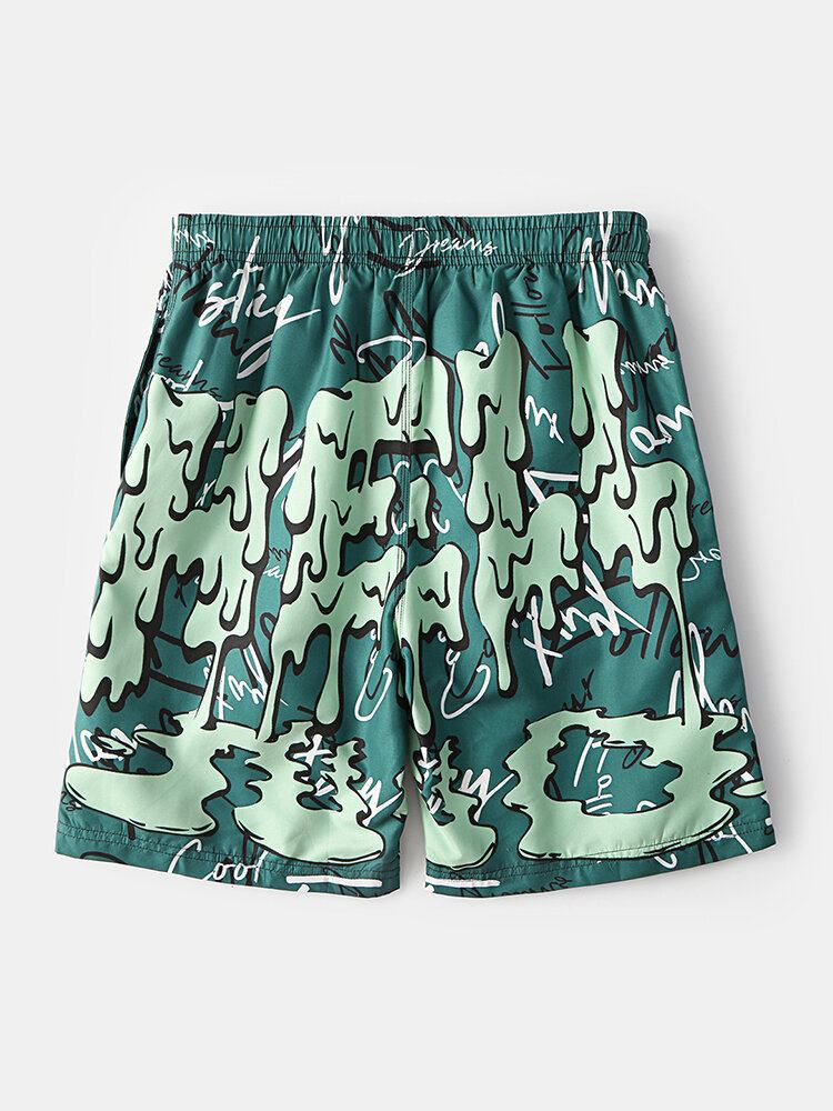 Sjove Graffitiprint Til Mænd Mesh Liner Quick Dry Holiday Casual Board Shorts