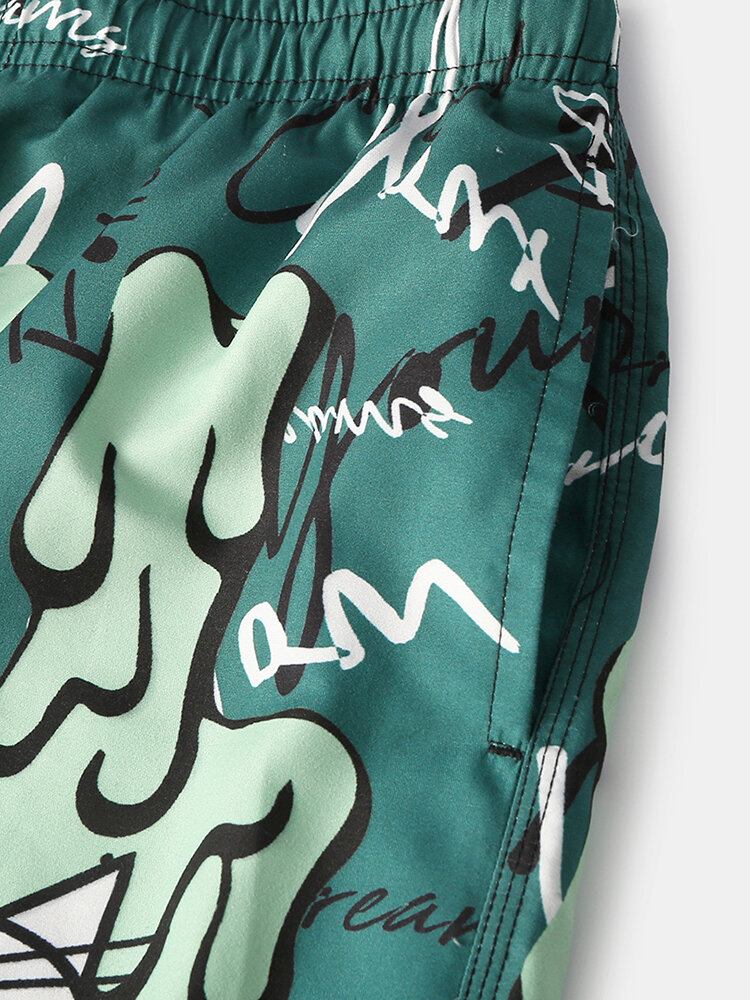 Sjove Graffitiprint Til Mænd Mesh Liner Quick Dry Holiday Casual Board Shorts