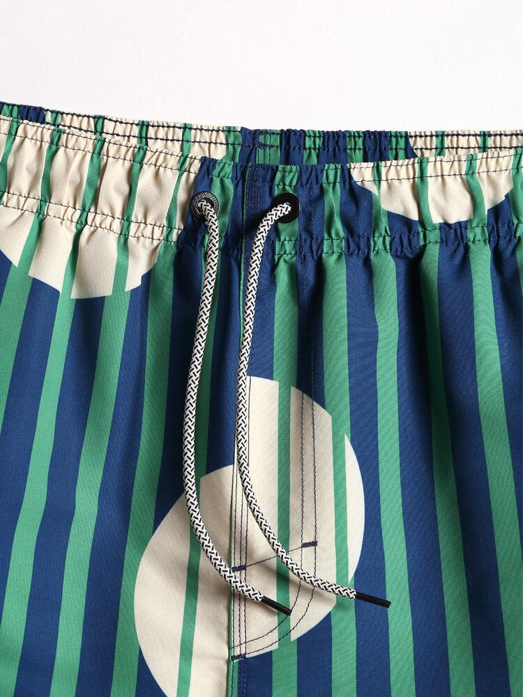 Stribet Cirkelprint Til Mænd Hurtigtørrende Strandshorts Med Snoretræk