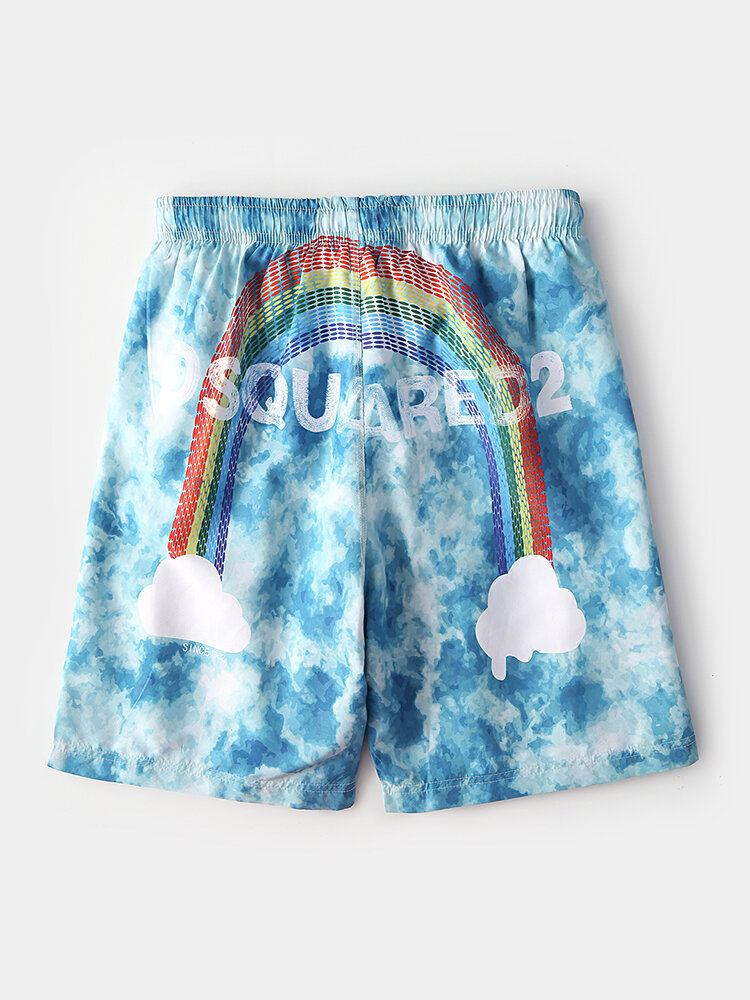 Tie-dye Herre Letter Rainbow Print Mesh Åndbar Snoretræk Casual Board Shorts