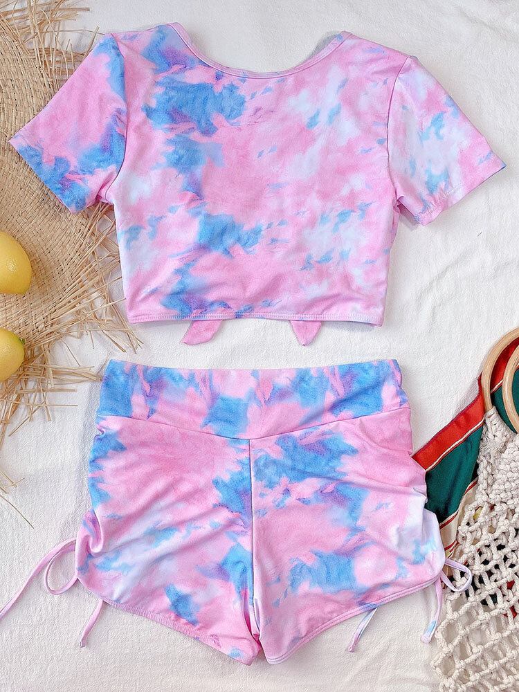 Tie Dye Kortærmede Knyttet Top Side Snøre Shorts Holiday Casual Højtaljet Kvinder Bikini