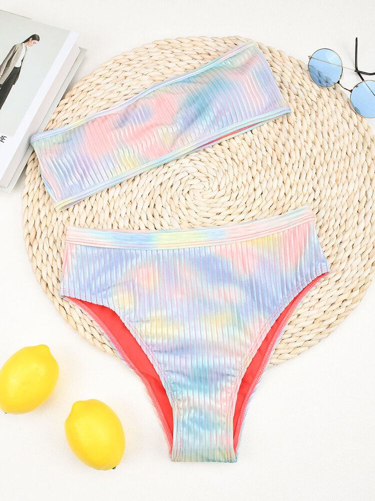 Tie Dye Print Ribbet Trådløs Bandeau High Waist Bikini