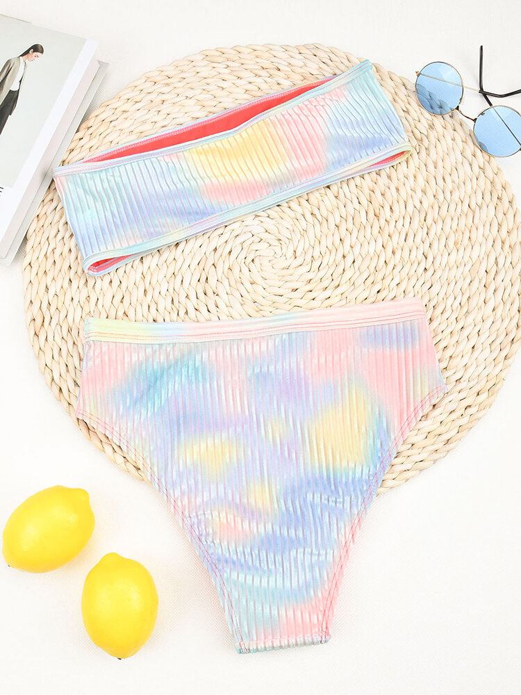 Tie Dye Print Ribbet Trådløs Bandeau High Waist Bikini