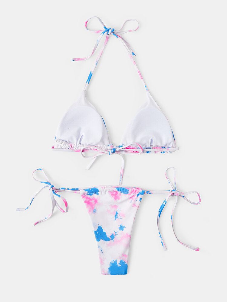 Trekant Tie-dye Halter String Bikini Åben Ryg Strandtøj Til Kvinder