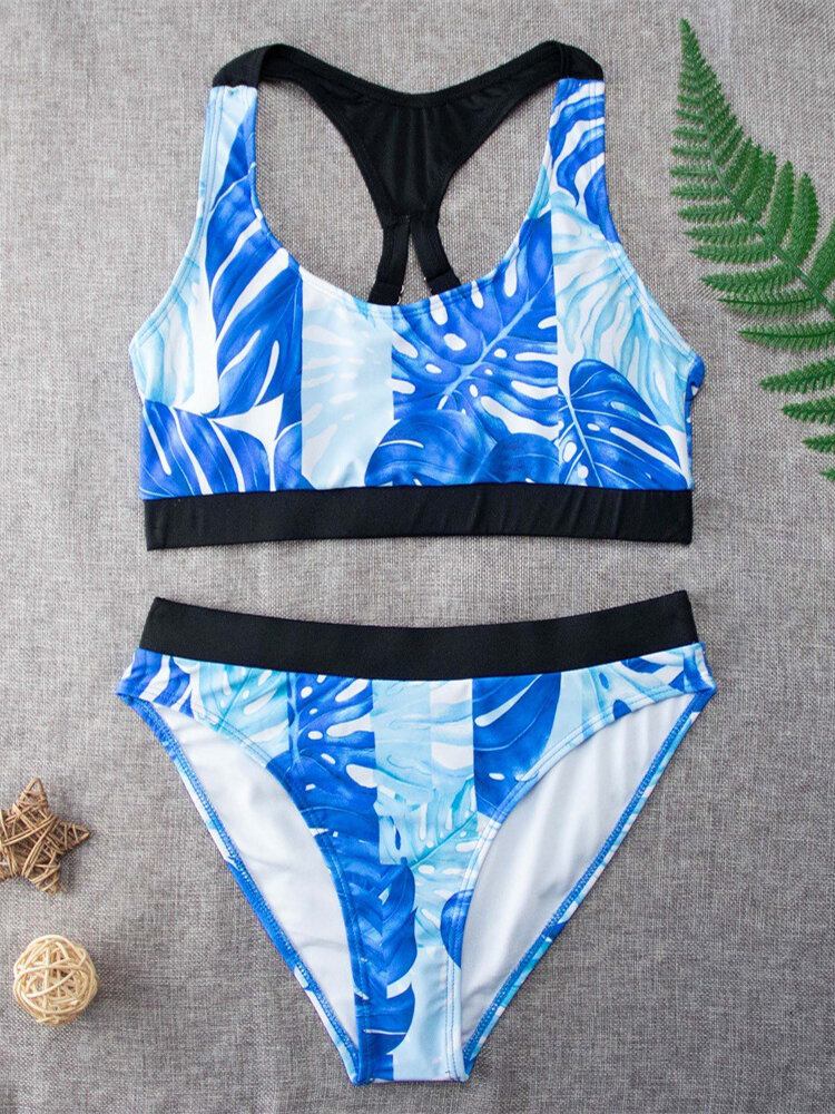 Tropical Leaf Print Criss Cross Ryg Brede Stropper Højtaljet Sommer Beach Bikinier Badetøj