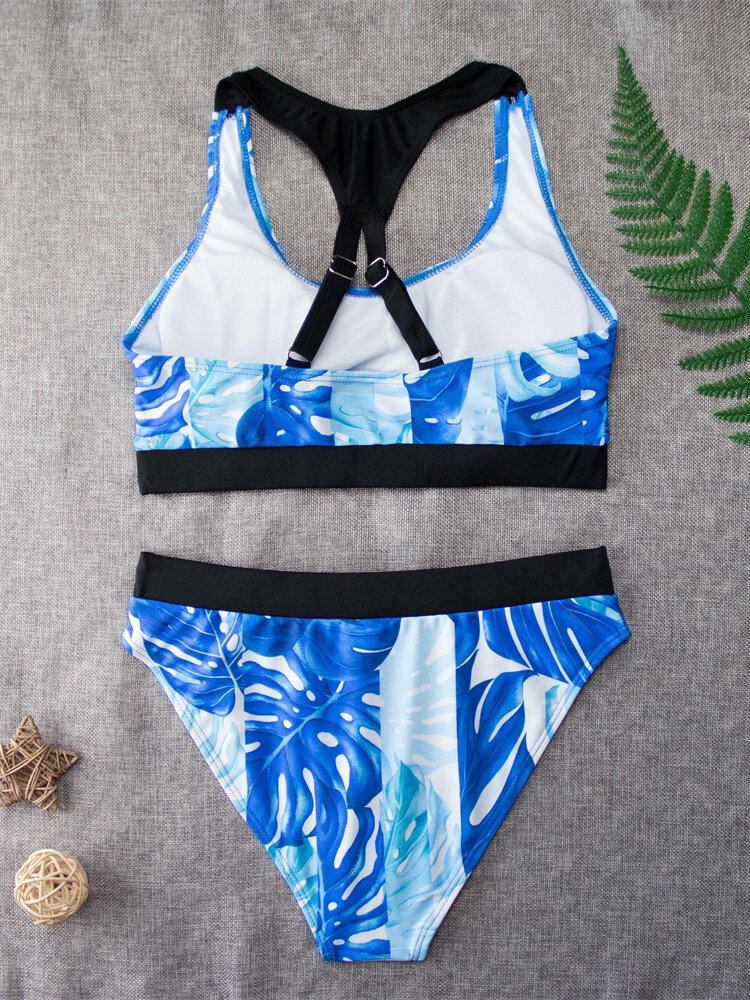 Tropical Leaf Print Criss Cross Ryg Brede Stropper Højtaljet Sommer Beach Bikinier Badetøj