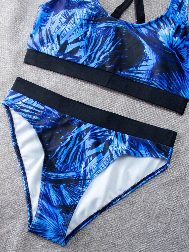 Tropical Leaf Print Criss Cross Ryg Brede Stropper Højtaljet Sommer Beach Bikinier Badetøj