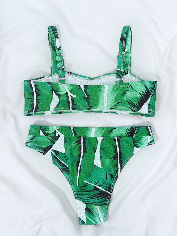 Tropical Plant Print Åben Ryg Justerbare Stropper Højtaljet Strandbikini Badedragt