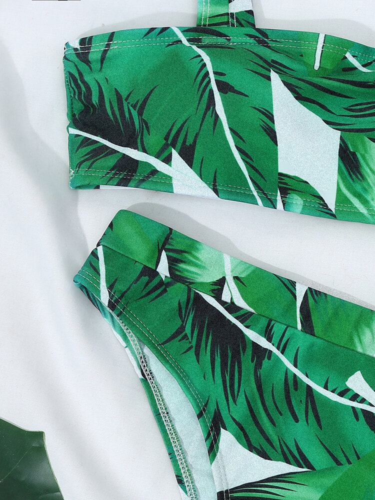 Tropical Plant Print Åben Ryg Justerbare Stropper Højtaljet Strandbikini Badedragt