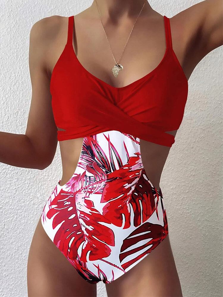 Tropical Plant Print Cross Cut Out Tie Back Hawaii Style One Piece Badedragt Til Kvinder