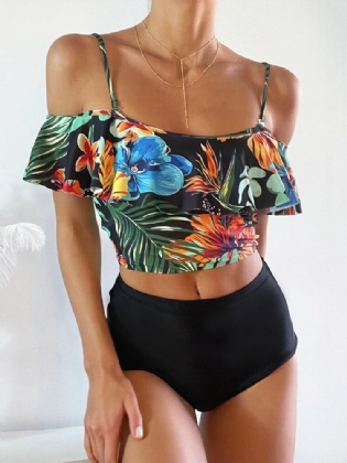 Tropical Plant Print Flæse Spaghetti Straps Højtaljede Bikinier Dame Badedragt