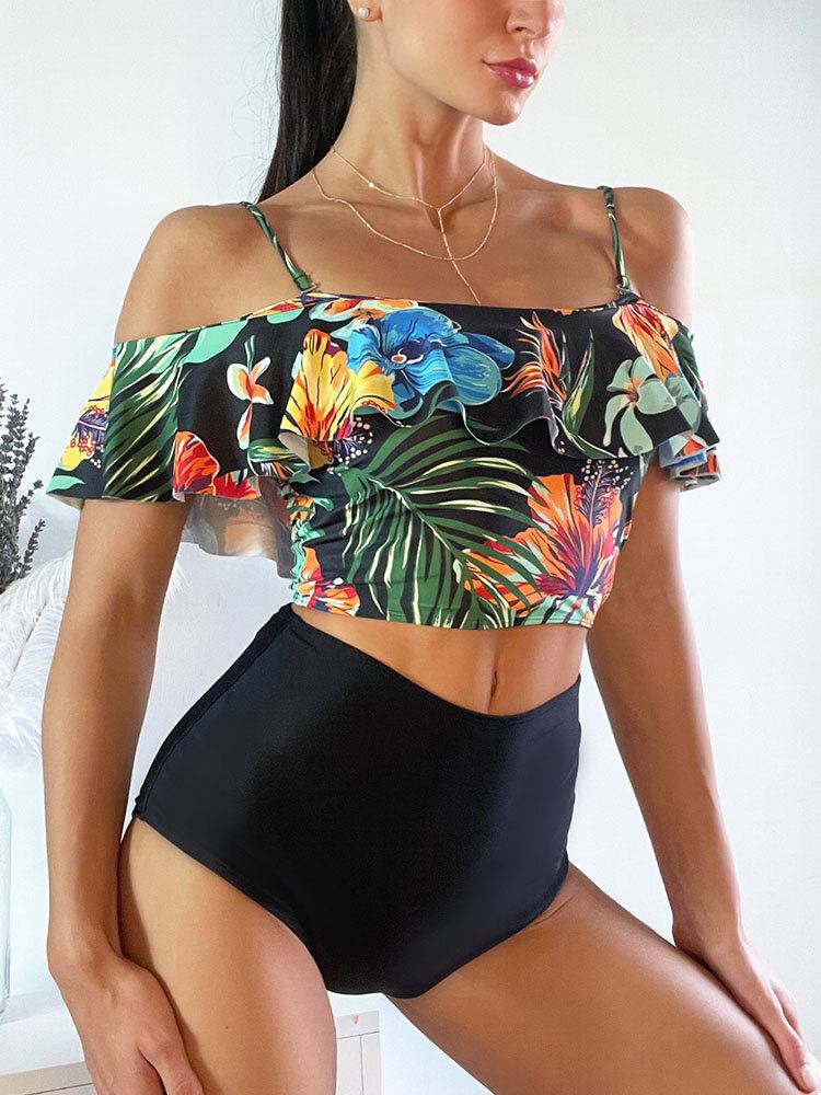 Tropical Plant Print Flæse Spaghetti Straps Højtaljede Bikinier Dame Badedragt