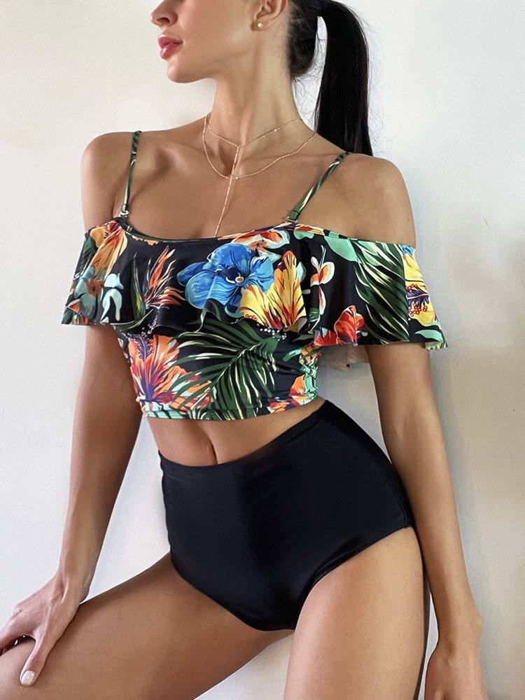 Tropical Plant Print Flæse Spaghetti Straps Højtaljede Bikinier Dame Badedragt