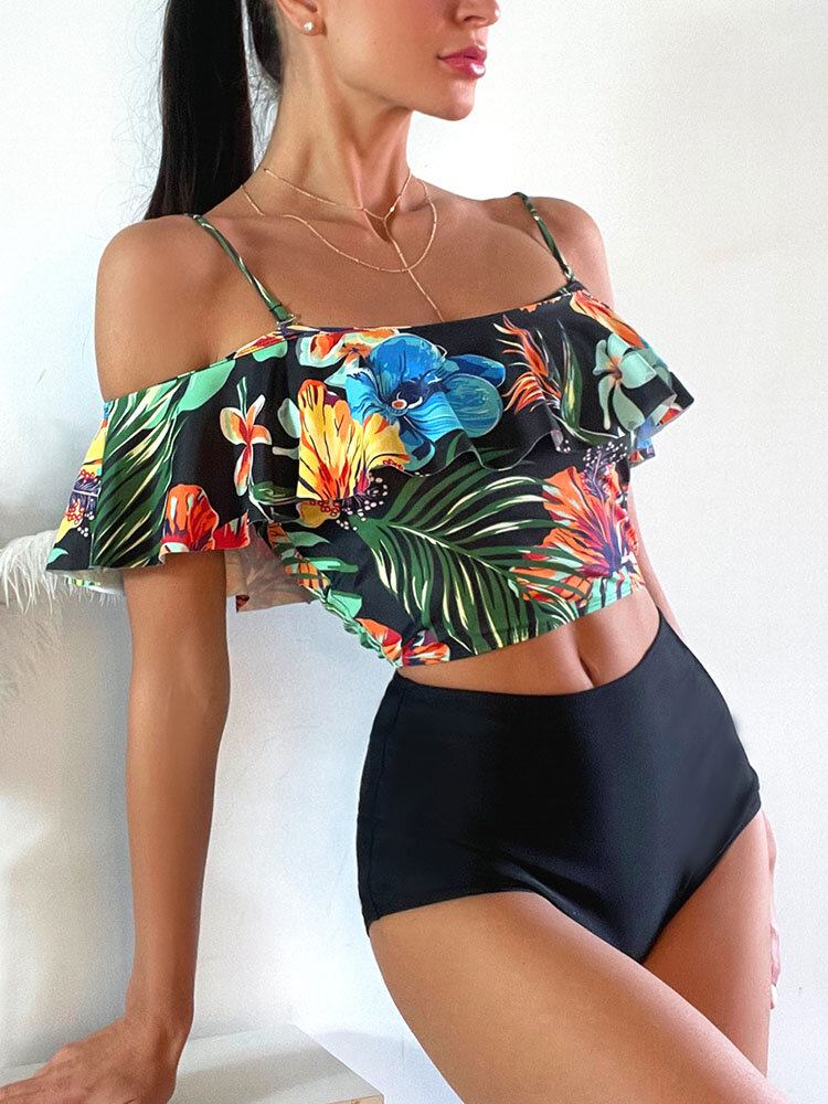 Tropical Plant Print Flæse Spaghetti Straps Højtaljede Bikinier Dame Badedragt