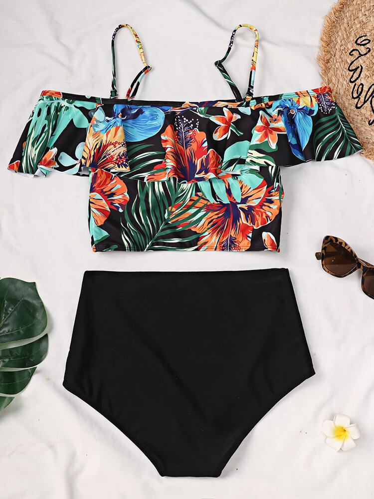 Tropical Plant Print Flæse Spaghetti Straps Højtaljede Bikinier Dame Badedragt