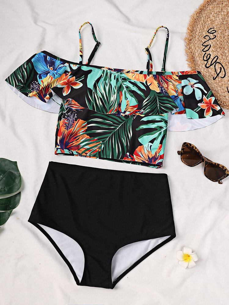 Tropical Plant Print Flæse Spaghetti Straps Højtaljede Bikinier Dame Badedragt