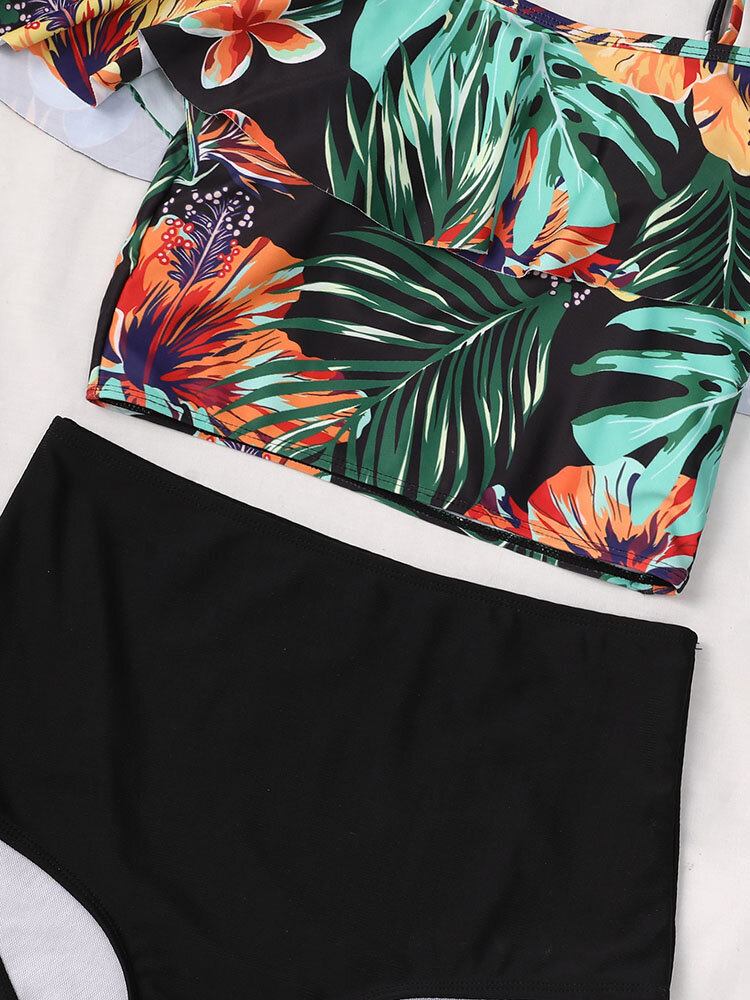 Tropical Plant Print Flæse Spaghetti Straps Højtaljede Bikinier Dame Badedragt