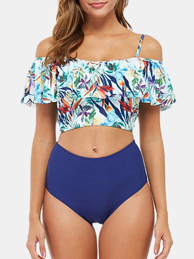 Tropical Plant Print Flæser Højtalje Bikini Hawaii Casual Badedragt Til Kvinder