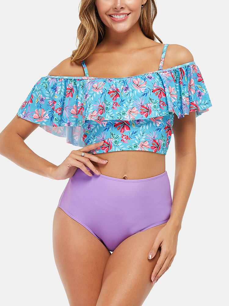 Tropical Plant Print Flæser Højtalje Bikini Hawaii Casual Badedragt Til Kvinder