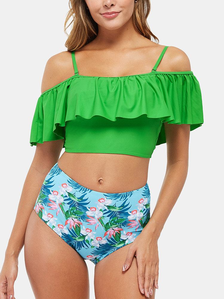 Tropical Plant Print Flæser Højtalje Bikini Hawaii Casual Badedragt Til Kvinder