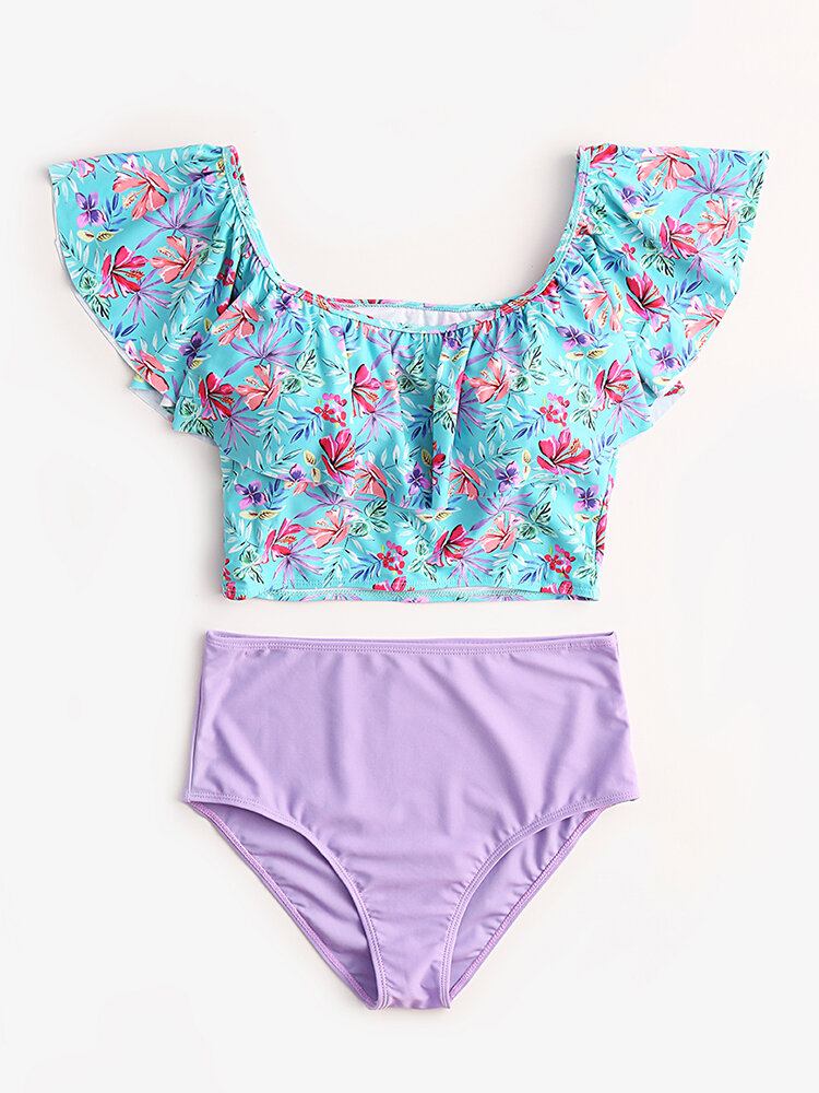 Tropical Plant Print Flæser Højtalje Bikini Hawaii Casual Badedragt Til Kvinder