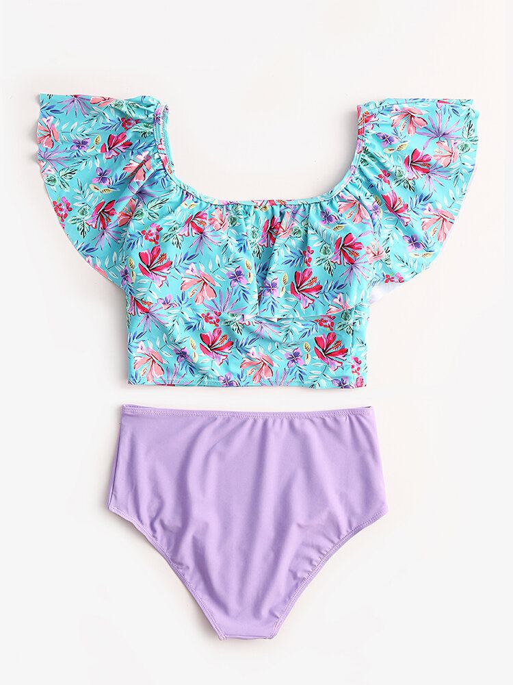 Tropical Plant Print Flæser Højtalje Bikini Hawaii Casual Badedragt Til Kvinder