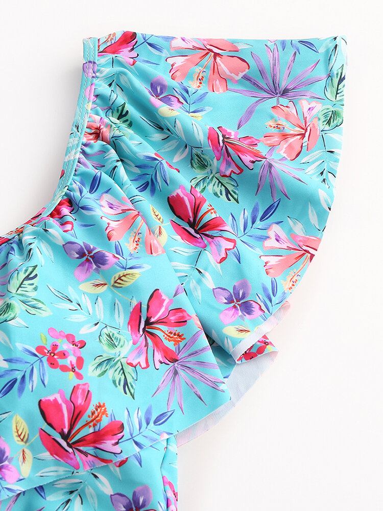 Tropical Plant Print Flæser Højtalje Bikini Hawaii Casual Badedragt Til Kvinder