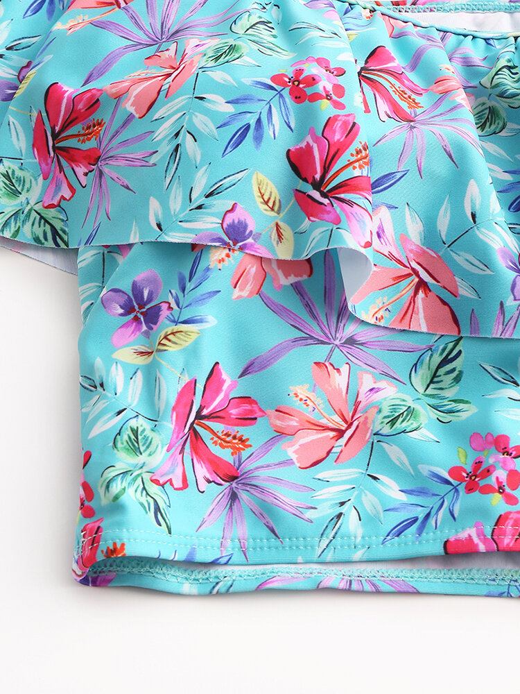 Tropical Plant Print Flæser Højtalje Bikini Hawaii Casual Badedragt Til Kvinder