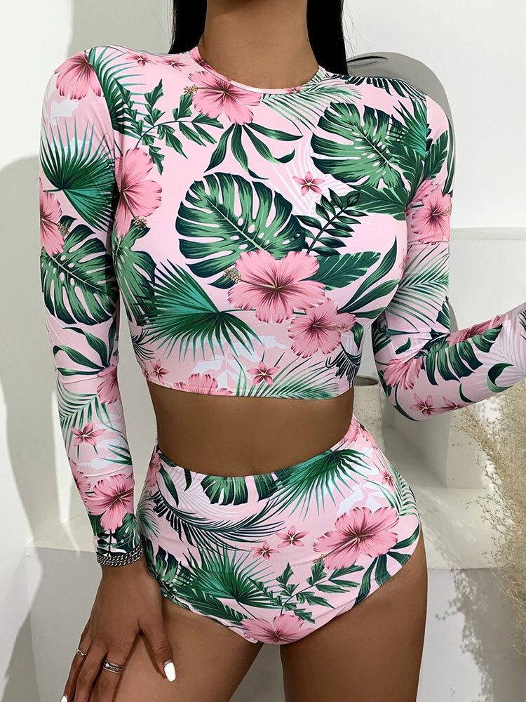 Tropical Plant Print Lynlås Langærmet Højtaljede Bikinier Dame Strandbadedragt