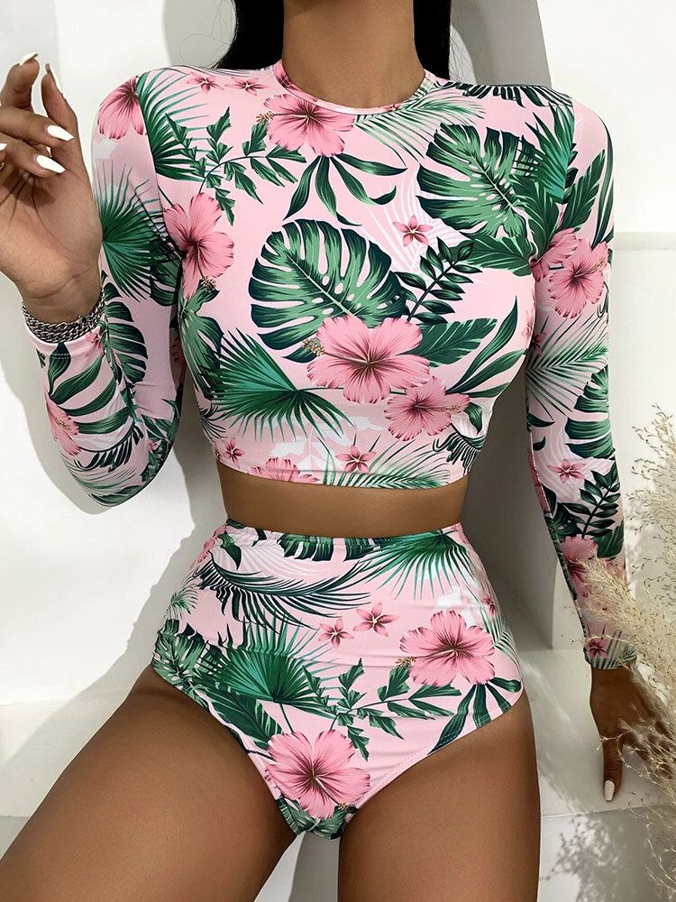 Tropical Plant Print Lynlås Langærmet Højtaljede Bikinier Dame Strandbadedragt