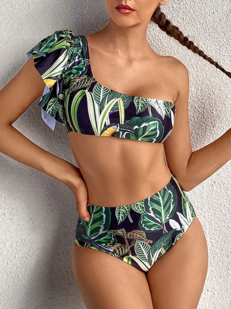 Tropical Plant Print One Skulder Bandage Rygløs Højtalje Grøn Bikini Badetøj