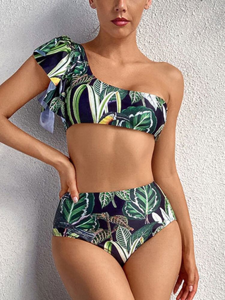 Tropical Plant Print One Skulder Bandage Rygløs Højtalje Grøn Bikini Badetøj