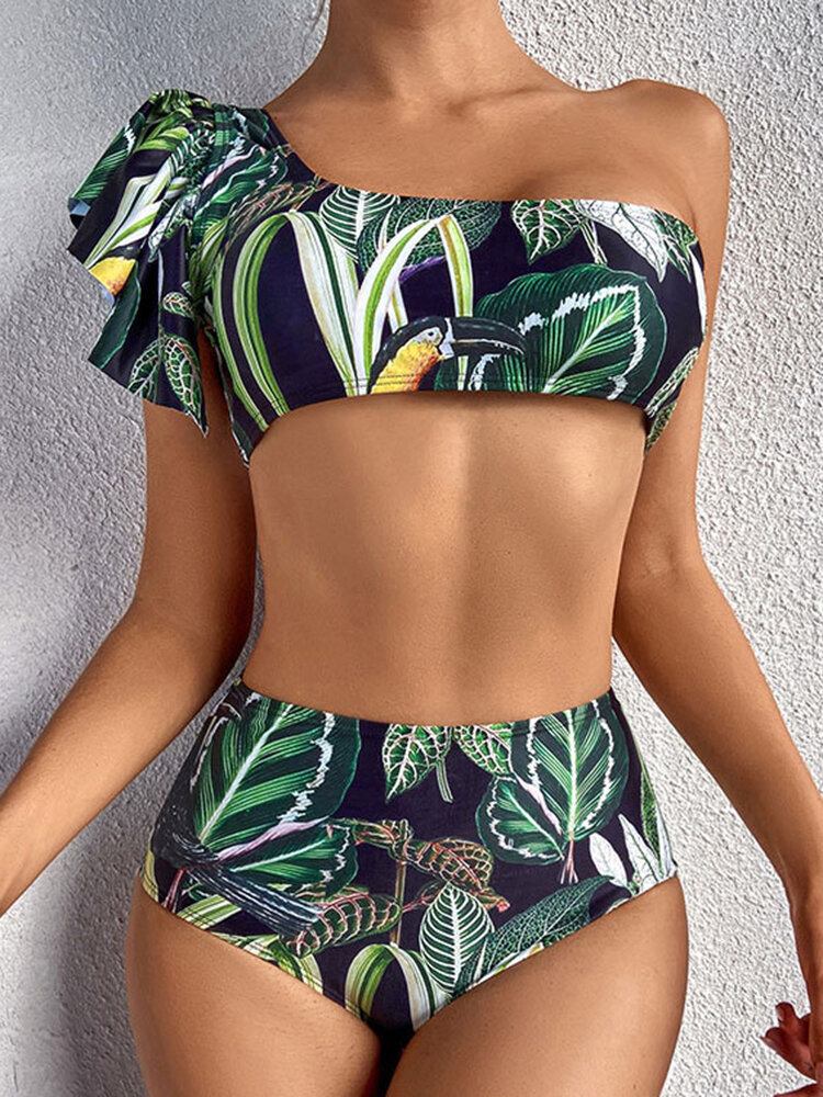 Tropical Plant Print One Skulder Bandage Rygløs Højtalje Grøn Bikini Badetøj