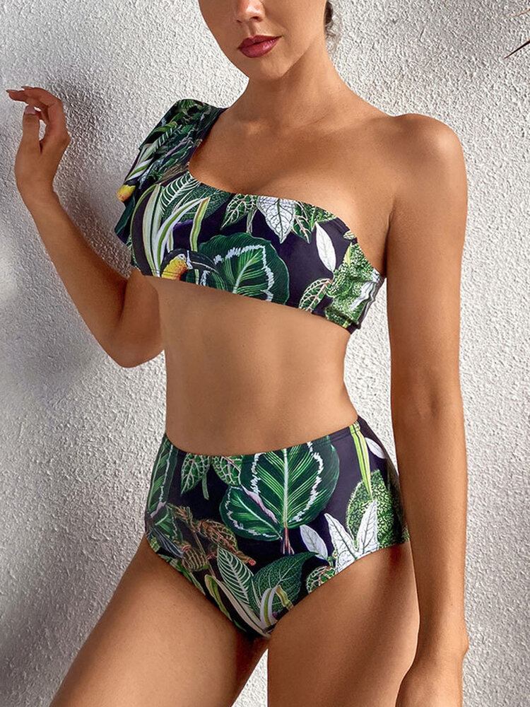 Tropical Plant Print One Skulder Bandage Rygløs Højtalje Grøn Bikini Badetøj