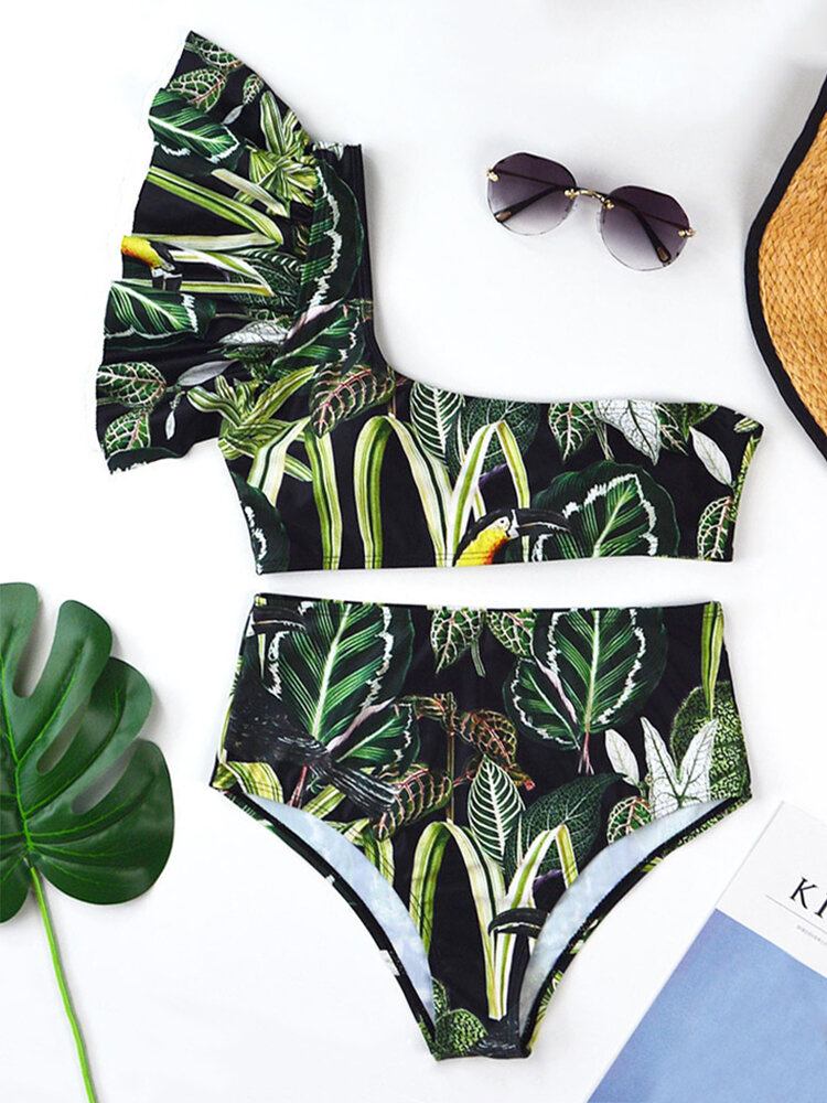 Tropical Plant Print One Skulder Bandage Rygløs Højtalje Grøn Bikini Badetøj