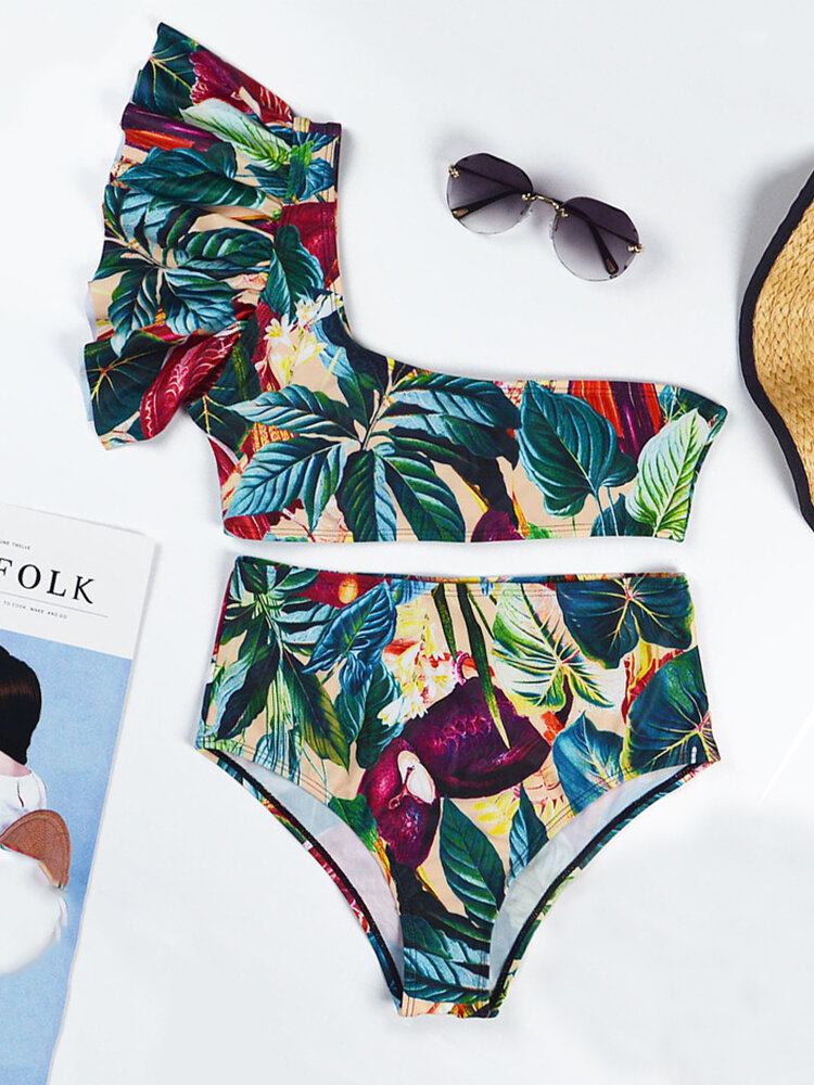 Tropical Plant Print One Skulder Bandage Rygløs Højtalje Grøn Bikini Badetøj